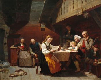 I 1858 malte Adolph Tidemand et bilde han kalte «Lesende pike». Lesekyndigheten blant bønder var velutviklet også før allmueskolens dager. Les mer om utviklingen av skolesystemet i Norge på 1800-tallet .&amp;#160;Foto: O. Væring Eftf AS&amp;#160;