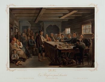 «En Retsscene paa Landet», basert på tegning av Adolph Tidemand, 1858. På 1800-tallet bestod eliten i Norge av&amp;#160; embetsmenn som&amp;#160;styrte samfunnet . Foto: Nasjonalmuseet for kunst, arkitektur og design/ CC BY-NC 3.0
