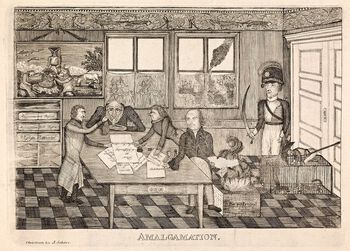 Politisk satiretegning over de unionelle norsk-svenske strider. Satiren ble avertert til salgs på årsdagen for Torgslaget, 17. mai 1830, i Christiania Intelligentssedler. Les mer om motstanden mot en norsk-svensk sammensmelting («amalgation»)&amp;#160;og&amp;#160;nordiske nasjonale identiteter&amp;#160;på 1800-tallet . Foto: Nasjonalbiblioteket