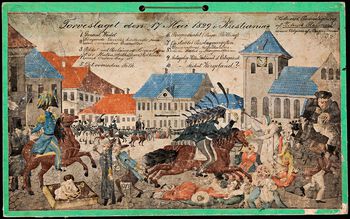 Denne illustrasjonen viser torgslaget i 1829, da den svenske stattholder i Norge, grev Baltzar von Platen, sendte soldater mot fredelige 17. mai-feirere. Hans E. Reimers tegning ble mangfoldiggjort som litografi. Les mer om motstanden mot en svensk-norsk «sammensmelting» på 1800-tallet . Foto: Nasjonalbiblioteket