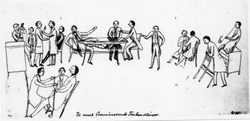 «Et norsk Communeraads Forhandlinger», tegning av Christian Kjerschow fra 1845, trolig med Tromsø bystyre som motiv. Christian Collett Kjerschow var stiftsamtmann i Tromsø fra 1869–1889. Tegningen er fra da han var amtsfullmektig. Les mer om innføringen og utviklingen&amp;#160;av lokalt selvstyre i Norge&amp;#160;fra 1837 . Foto: Tromsø Museum – Universitetsmuseet/ CC BY-NC-ND 3.0
