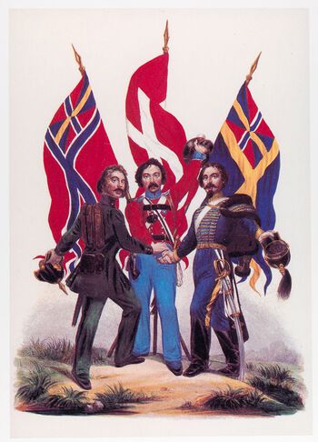 Det kjente skandinavisme-motivet med de tre skandinaviske soldater, produsert i 1848, er ikke særlig dekkende for de politiske realitetene: Danmark måtte stort sett kjempe alene mot tyskerne i de to krigene om Slesvig og Holstein. Les mer om Norge og skandinavismen på 1800-tallet .&amp;#160;Foto: Nasjonalbiblioteket