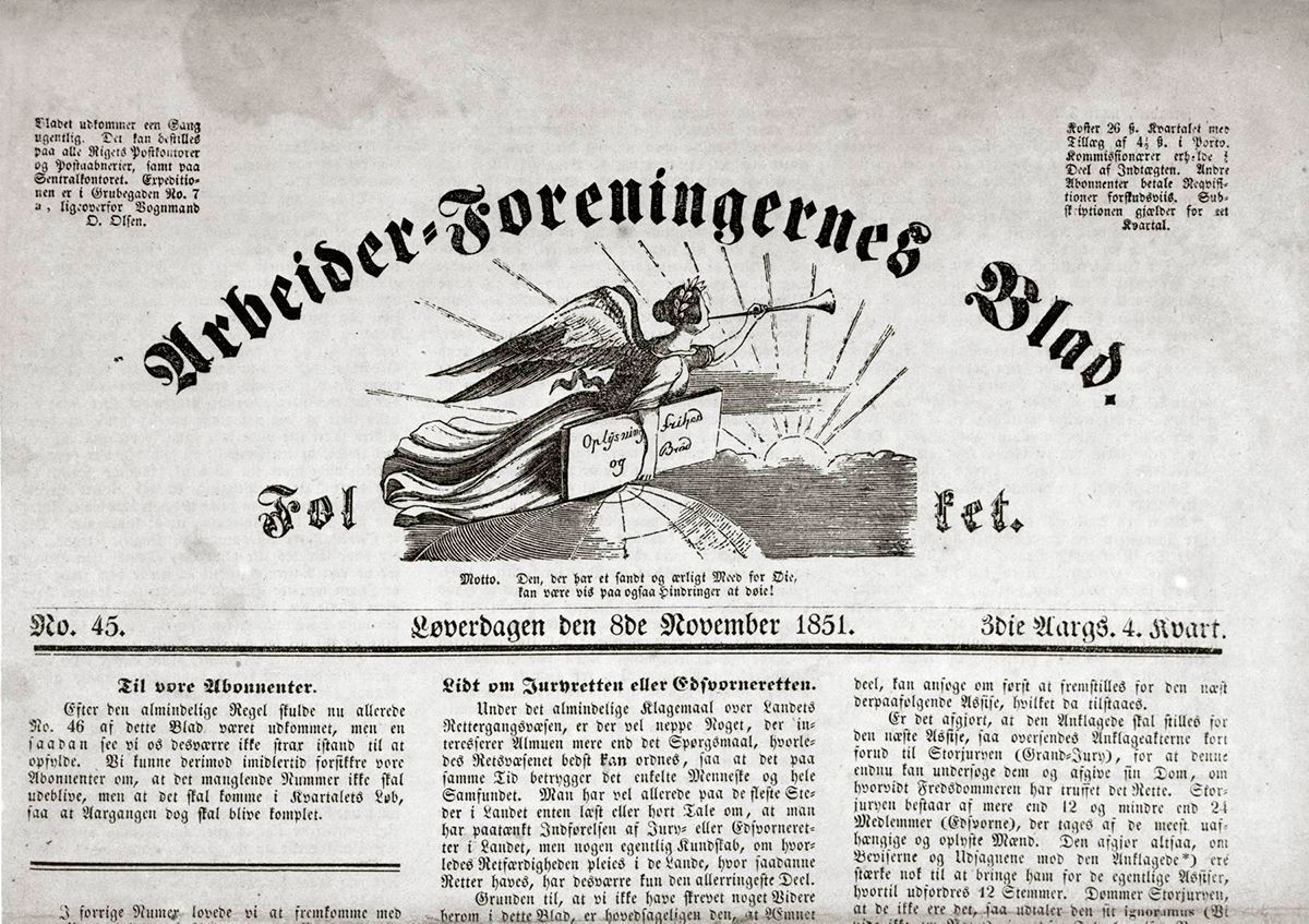 Avisforside: Arbeider-Foreningernes Blad. Tittelen er skreve i bue over en illustrasjon av en engel med plakaten "oplysning, frihed og brød"