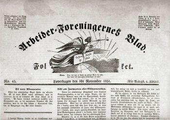 Dette er forsiden av Arbeider-Foreningernes Blad, nummer 45, lørdag 8. november 1851. Les om Arbeider-Foreningernes Blad og ytringsfriheten på midten av 1800-tallet . Foto: ukjent/Arbeiderbevegelsens arkiv og bibliotek