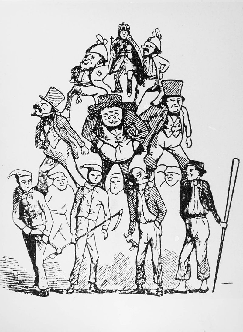 Karikatur av mennesker i pyramide: Konge på toppen, støttet av overklassen med flosshatter, igjen støttet av de mange arbeiderne