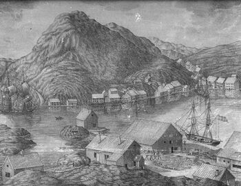 Havna Kleven ved Mandal med reparasjonsverftene på Gismerøya i forgrunnen (1824). Les om uthavnssamfunnenes glanstid . Steintrykk av Samuel Andersen. Foto: ukjent