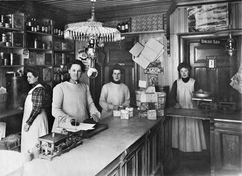 Elen Brandvolds kolonialforretning på Tøyen, ca. 1900–1910. Les mer om hvordan kvinner i&amp;#160;økende grad fikk&amp;#160;rett til&amp;#160;å delta i næringslivet i løpet av 1800-tallet . Foto: ukjent/Oslo Museum/ CC BY-SA