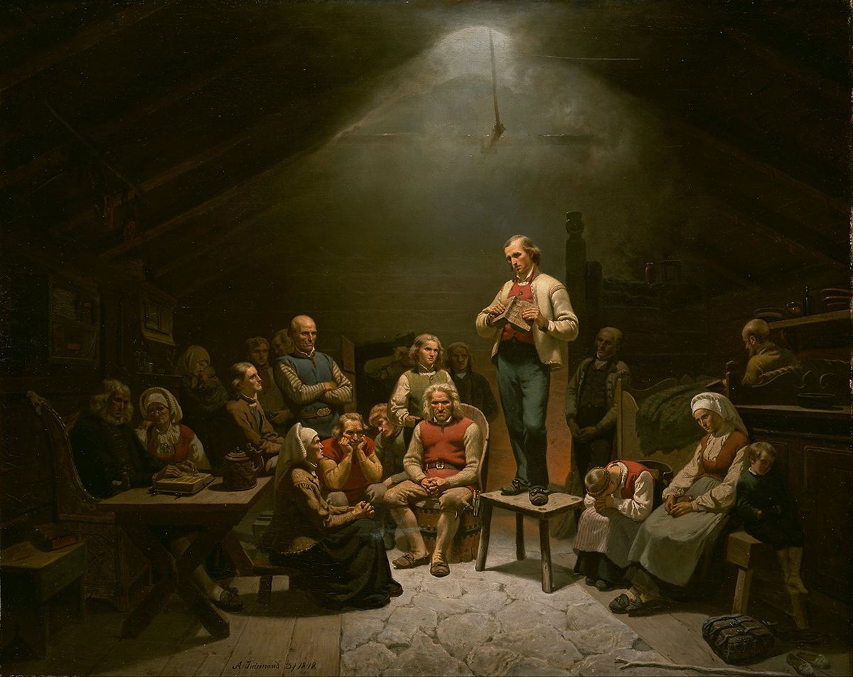 Maleri som viser preken inne i stue: mann med bok står på skammel, mennesker sitter rundt om i forskjellige sinnstemninger.