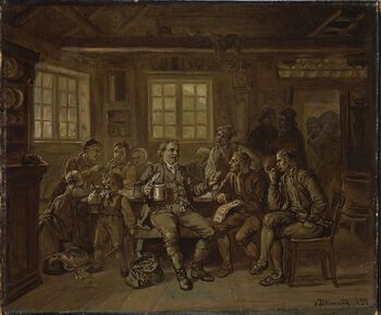 Dette er «Stortingsmannens hjemkomst» malt av Adolph Tidemand i&amp;#160;1857. Tidemand tegnet og malte motiver fra folkekulturen. I noen av bildene hans kan en skimte en oppfatning om den «rå» allmuen. Her&amp;#160;fremstår allmuens representanter derimot som&amp;#160;svært engasjerte. Les mer om skillet mellom folk og elite og&amp;#160;den nasjonalromantiske fremstillingen av&amp;#160;folkekulturen .&amp;#160;Foto: Nasjonalmuseet for kunst, arkitektur og design/ CC BY-NC