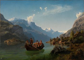Måleriet Bruderferd i Hardanger frå 1848 vert rekna for å vere eit av hovudverka innan nasjonalromantikken i Noreg. Måleriet er eit av samarbeidsmåleria til Tidemand og Gude der Tidemand måla menneska og Gude måla landskapet. Kunsten og motivvala til Tidemand og Gude var medverkande i kulturelle nasjonsbygginga som fann stad på 1800-talet. Foto: Børre Høstland/Nasjonalmuseet