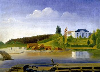 Norge var lenge&amp;#160;delt inn i amt, som fra 1919 ble kalt fylker. Gjemsøy (Gimsøy) kloster i Bratsberg (Telemark) fungerte som bosted for amtmannen i perioder fra 1600-tallet og til et stykke inn på 1800-tallet – etter hvert erstattet herregårdsbyggene klosterruinene. Les mer om inndelingen av Norge på 1800-tallet . Maleri av B.S. Baar, 1851. Foto: Lyng Olsen/Telemark Museum