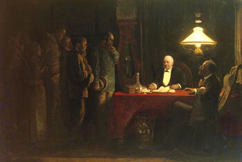 Dette er maleriet «Streik» av Theodor Kittelsen fra 1879. Komposisjonen etablerer sterke kontraster mellom arbeiderne og kapitalistene. Les mer om overgangen fra standssamfunnet til klassesamfunnet i Norge . Foto: O. Væring Eftf. AS
