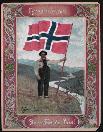 Norsk folkekultur og norsk natur ble sentrale elementer i oppfatningen av hva som var det egentlig norske på 1800-tallet. Den norske bonden fikk en særlig sentral posisjon, ikke minst slik han her er fremstilt, omgitt av norske fjell og fjorder. Unionen med Sverige hindret ikke den norske nasjonalismen å vokse, men både den politiske unionen med Sverige og den kulturelle arven etter med Danmark ble av nasjonalister sett på som hemmende for den norske nasjonens utvikling. Foto: Billedsamlingen, Historiske kort/Nasjonalbiblioteket
