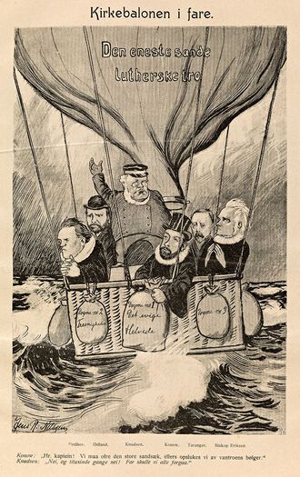 Den norske «kirkestriden» mellom konservative og liberale teologer startet for alvor rundt 1900. Dette er en karikatur fra vittighetsbladet Hvepsen nr. 11, 1908. Her foreslår den liberale presten Carl Konow å droppe læren om et helvete for å redde kirkeballongen, til skarp protest fra kollega Christoffer Knudsen, som i 1906 hadde gått av som kirkestatsråd i protest mot at regjeringen utnevnte en liberaler til professor. Les mer om hvordan kirken møtte samfunnsutviklingen på slutten av 1800-tallet . Foto: Nasjonalbiblioteket