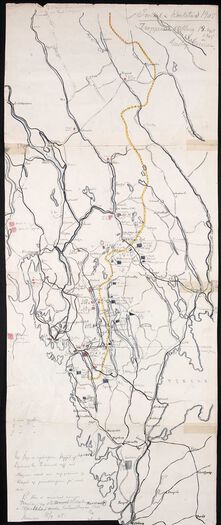 «Troppenes stilling 18. sept. 1905»: Christian Michelsens kart fra Karlstadforhandlingene. Da forhandlingene ble gjenopptatt 13. september etter en pause, ble soldater mobilisert på begge sider av grensen. Les mer om unionsoppløsningsåret 1905 . Foto: Riksarkivet, Forsvarets krigshistoriske avdeling, eske 107, legg «Troppedisposisjoner 1905»