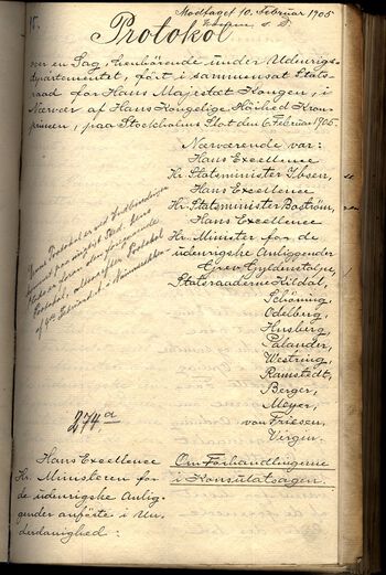 Konsulatforhandlingene i sammensatt statsråd brøt sammen 7. februar 1905. Den nye utenriksministeren, grev August Gustaf Fersen Gyldenstolpe, hadde anbefalt i sammensatt statråd 6. februar 1905 majesteten å bestemme at det oppdraget den norske og svenske regjeringen hadde fått ved kongelig resolusjon 21. desember 1903, «ikke skal give anledning til nogen videre forføining». I nytt sammensatt statsråd dagen etter ble forhandlingene offisielt erklært avsluttet. Les mer om det politiske spillet som ledet fram til unionsoppløsningen . Foto: Riksarkivet i Norge, Statrådsekretariatet, Kongelig resolusjon nr. 274a, 6. februar 1905 og nr. 275a, 7. februar 1905
