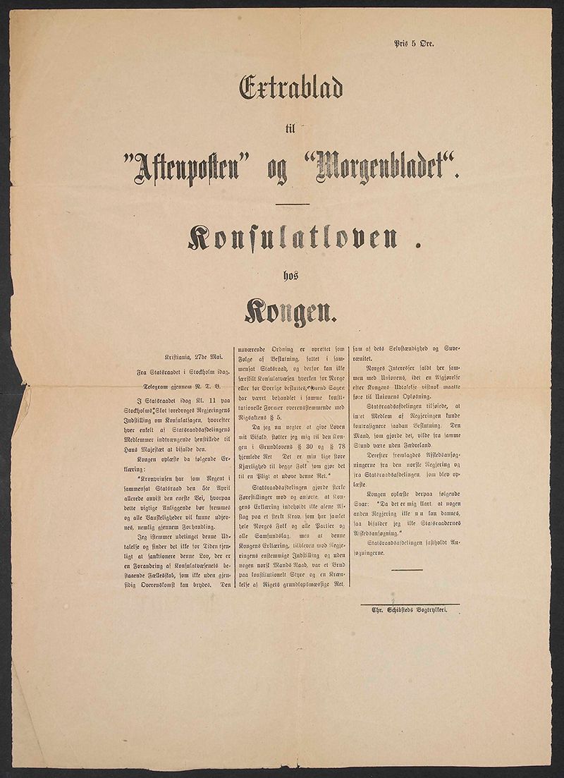 Fotografi av avisoppslag: Tekst i tittel: "Extrablad til Aftenposten og Morgenbladet. Konsulatloven hos Kongen"