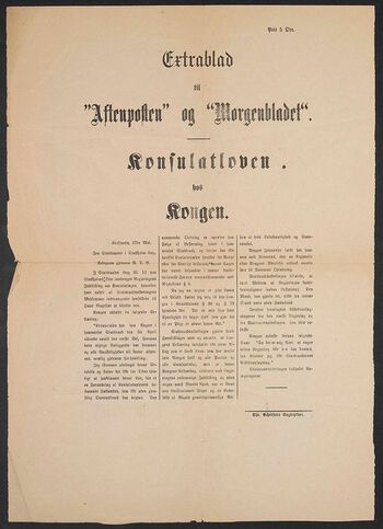 Dette var fellesoppslaget fra Aftenposten og Morgenbladet om sanksjonsnektelsen 27. mai 1905. Kong Oscar nektet å godta regjeringens avskjed. Dette skapte en konstitusjonell unntakstilstand: Landet var uten regjering. Les mer om det politiske spillet som ledet til unionsoppløsningen i 1905 . Foto: NBO, Småtrykks. 324. Norsk politikk 1905
