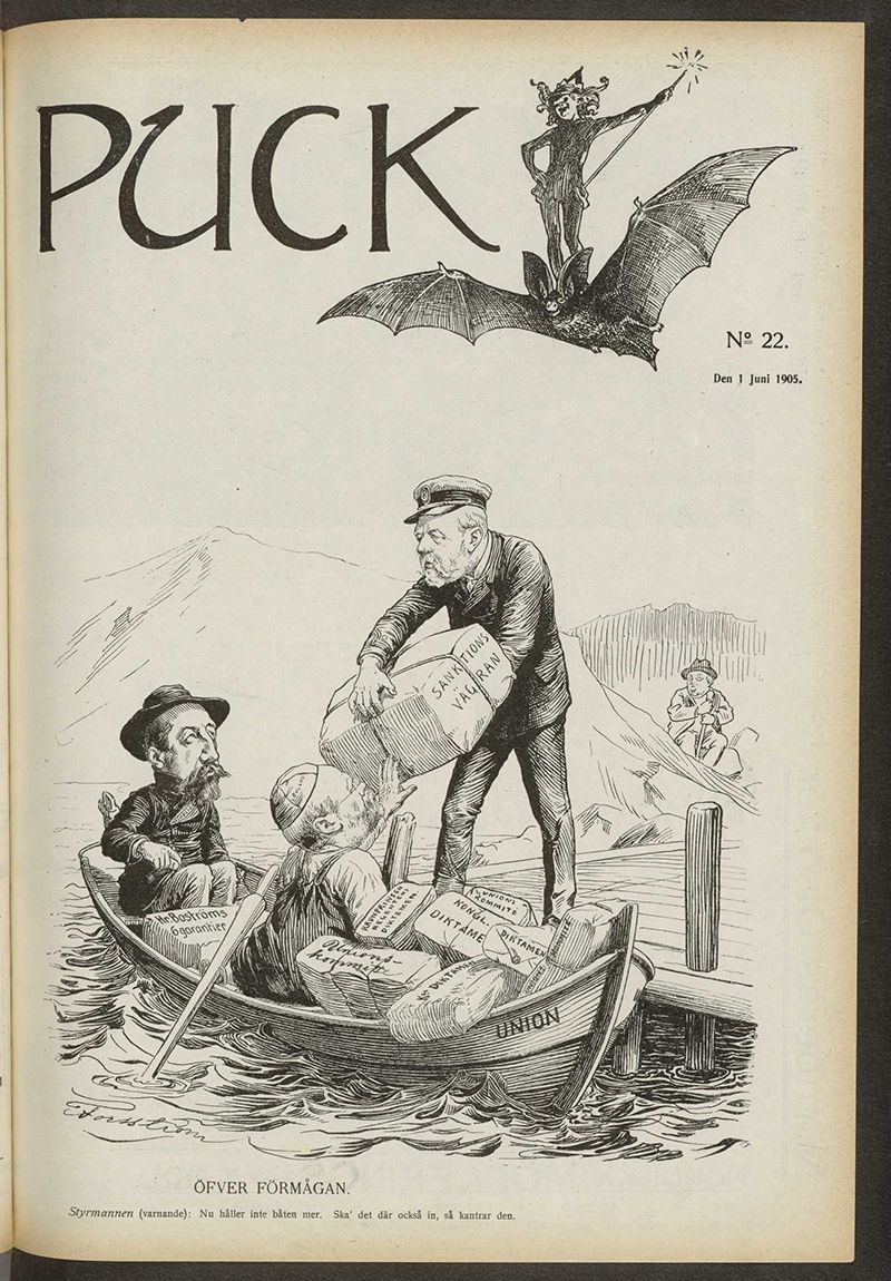 Fotografi av forsiden til skriftet "Puck", som viser to menn i robåt, overlasset med pakker. Kong Oscar prøver å prakke på dem enda en pakke, med påskriften "Sanktionsvägran"