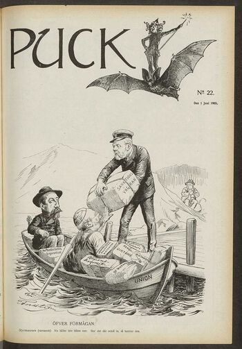Vittighetsbladet Puck nr. 22, 01.06.1905. 27. mai skulle konsulatloven opp til behandling i norsk statsråd, og de fleste forstod hva som stod på spill. Pucks beskrivelse var ganske presis: Norges statsministre Christian Michelsen og Jørgen Løvland sitter ved årene i en unionsbåt som allerede har overlast av unionelle problempakker. Når handelsbetjenten, kong Oscar, overrekker den største av dem alle – «sanksjonsnektelsen» – må styrmann Løvland advare mot kantring. Trygt på land følger tidligere statsminister Boström ombordlastingen. Les mer om det politiske spillet som ledet til unionsoppløsningen i 1905 . Foto: Kungliga biblioteket