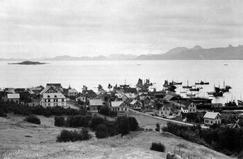 Dette er Harstad by, fotografert nedover mot havna, trolig i 1902. Harstad vokste raskt fra midten av 1800-tallet og fikk blant annet et skipsverft i 1895. Les mer om urbaniseringen av Norge . Foto: Harald Otto Hanssen/Sør-Troms Museum