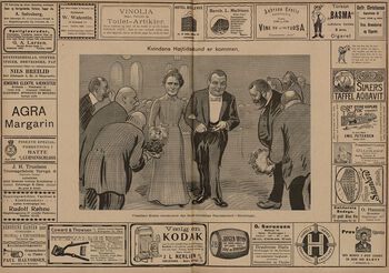 Karikatur av Anna Rogstad, den første kvinnen&amp;#160;på Stortinget, fra Vikingen, 1911. Les mer om kvinners politiske mobilisering før innføringen av allmenn stemmerett i 1913 . Foto: Vikingen_1911_02_04_s04_05&amp;#160;
