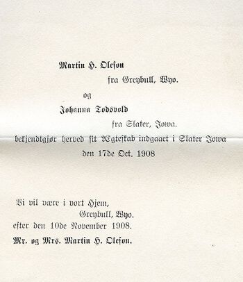 Faksimile av skriv som stadfester inngåing av ekteskap mellom Johanna Tosvoll og og Martin Oleson. J ohanna utvandra til USA i 1896 saman med søstra si, Jørgina . Digitialisering: Nils Olav Østrem