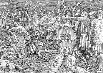 Kong Olavs fall, av Halfdan Egedius (1877–1899). På 1800-tallet ble vikingtiden&amp;#160;særlig slik den var kjent&amp;#160;gjennom Snorres kongesagaer&amp;#160;viktig for norsk nasjonal identitet. Les mer om hvordan den norske identiteten ble bygget på gammelt og nytt kulturgods . Foto: O. Væring Eftf AS&amp;#160;