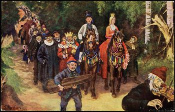 Postkort etter maleri av Theodor Kittelsen i 1900: «Så fikk Askeladden prinsessen og det halve kongeriket». Les mer om hvordan eventyrene og annet kulturgods bidro til å skape en norsk nasjonal identitet på 1800-tallet . Foto: Nasjonalbiblioteket&amp;#160;