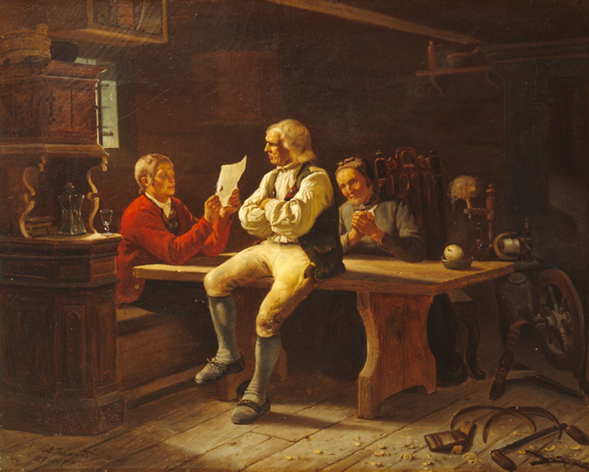 Maleri, person sitter ved bord og leser brev høyt for to andre, en mann og en kvinne. Kvinnen slår hendene sammen og smiler
