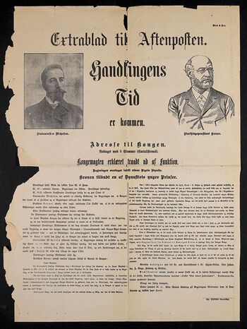 I dette ekstrabladet fra Aftenposten 7. juni 1905 ble dagens begivenheter i Stortinget referert. Både statsminister Michelsen og stortingspresident Berners portrett har fått plass i ekstrabladet. Henstillingen til kong Oscar om å la en av prinsene av huset Bernadotte overta den norske tronen refereres. Dette tilbudet tok noe av brodden av handlingen, som av mange utenfor Norge ble oppfattet som revolusjonær. Les mer om dagen da Norge erklærte seg uavhengig av Sverige . Foto: Nasjonalbiblioteket, Småtrykks. 324. Norsk politikk 1905