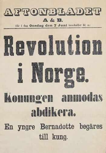 Flyveblad fra det svenske Aftonbladet, 7. juni 1905. Les om&amp;#160; Stortinget og beslutningen om å erklære unionen med Sverige for oppløst .&amp;#160;Foto: Nasjonalbiblioteket/Plakatsamlingen