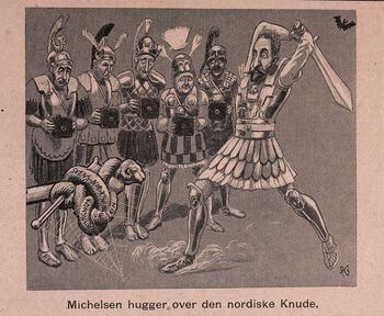 Tegningen er fra bladet &amp;#160;Korsaren nr. 24, 15.06.1905. Statsminister Christian Michelsen hugger over den gordiske knuten som striden rundt et eget norsk konsulatvesen hadde skapt. Les mer om da Stortinget erklærte at unionen mellom Sverige og Norge var blitt&amp;#160;brutt . Foto: Nasjonalbiblioteket&amp;#160;
