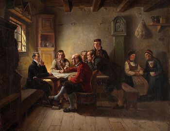 Adolph Tidemands maleri Politiserende bønder fra 1848 er preget av nasjonalromantikken. Samtidig gir maleriet likevel utrykk for noe mer. Bøndene på bildet diskuterer, leser og følger alvorlig med i det som skjer. Slik formidler bildet også et politisk engasjement og økt selvbevissthet. Les om tokulturlæra, som fremhevet bondebefolkningen i Norge som kjernen i den norske nasjonen . Foto: Grev Wedels auksjoner AS