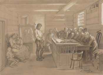 Tegningen En rettscenen fra landet fra 1846 av Adolph Tidemand viser et møte mellom øvrighet og allmue i tingstua. Les mer om hvordan mange mente Norge var delt i to kulturer, embetsstanden og bondebefolkningen . Foto: Nasjonalmuseet/ CC BY-NC