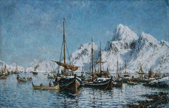 Svolvær havn i Nordland, malt av Gunnar Berg (1863–1893), ca. 1890. Berg var selv født i Svolvær og malte mange motiver fra Nord-Norge. Les mer om regional bevisstgjøring i Norge fra slutten av 1800-tallet . Foto: O. Væring Eftf AS