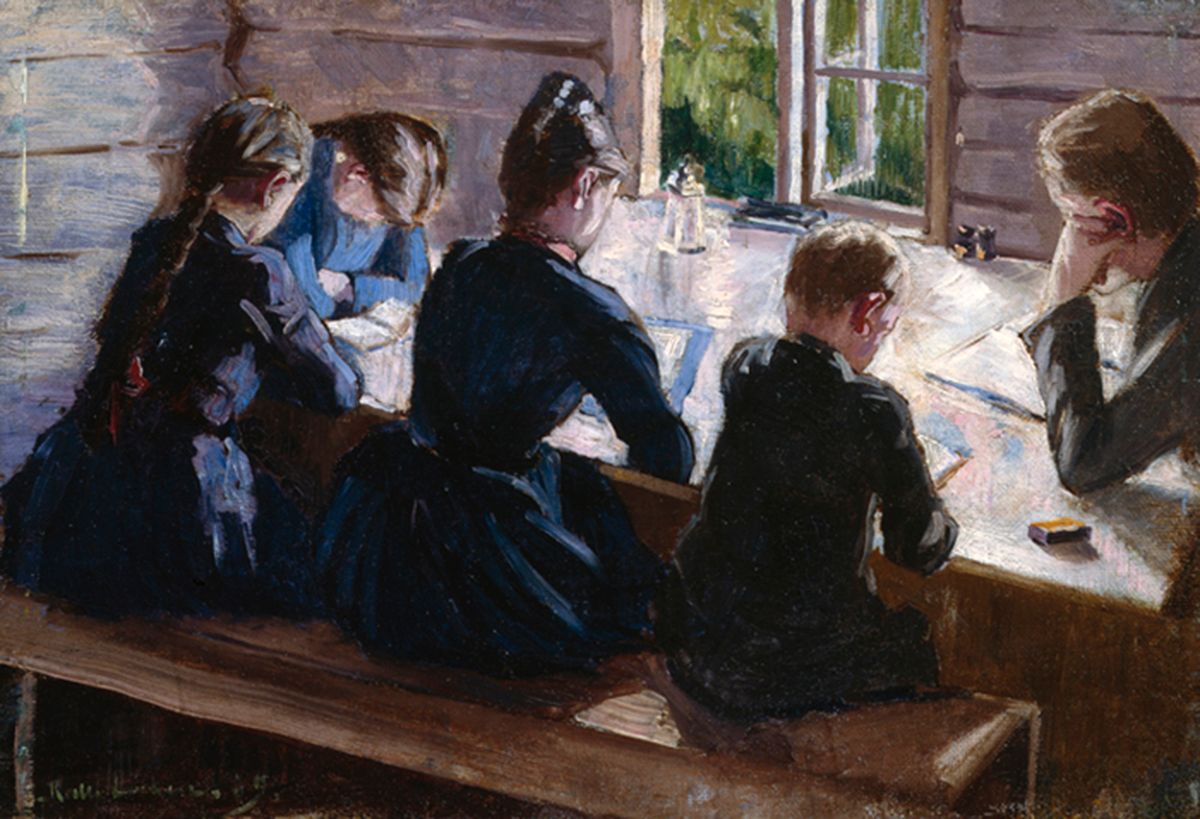Maleri av barn og mann som alle sitter med ryggen til, langs et bord, fordypet i lesestoff