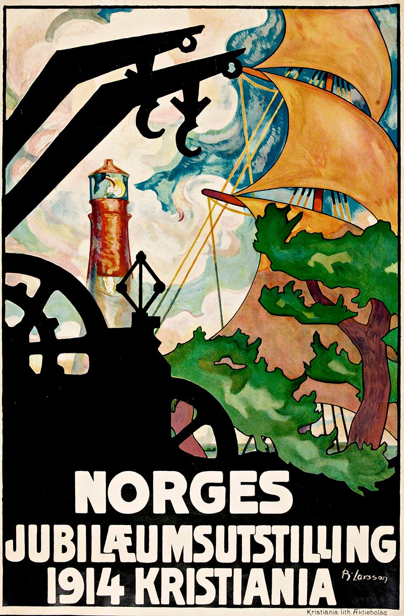 Plakat som viser omriss av tannhjul og kran, fyrtårn og seilmast i bakgrunn. Tekst: "Norges jubilæumsutstilling Kristiania 1914"