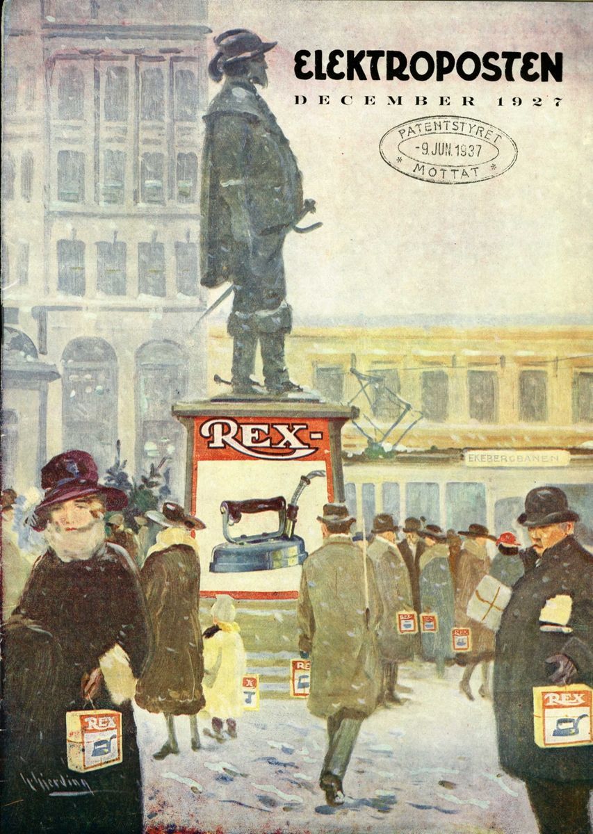 Forsiden til Elektroposten: malt bilde av handel i snøvær, alle bærer på pose med rex strykejern
