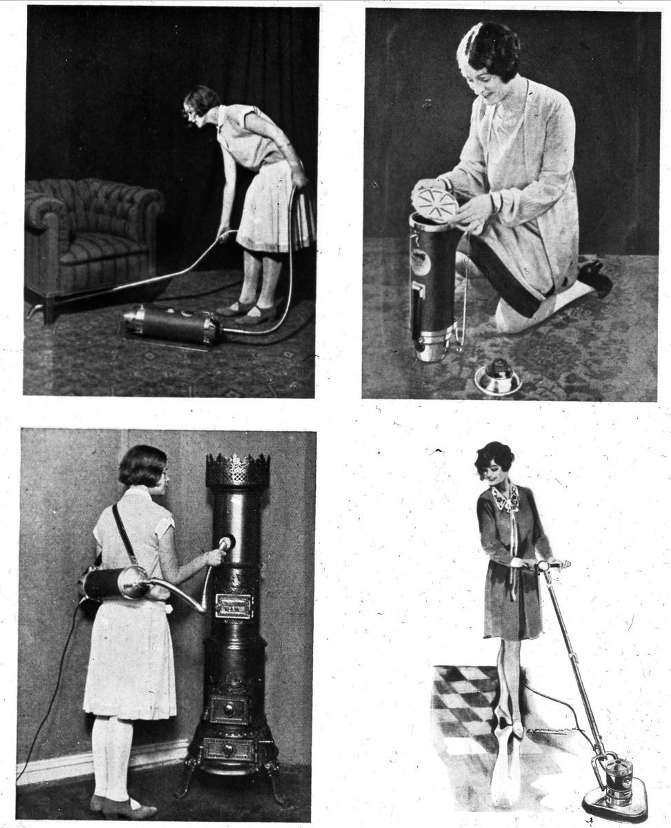 Fire fotografier av bruken av elektrisk støvsuger og gulvboner: støvsugeren kommer til under lenestolen, den kan rengjøre smijernsovn, den har mobil støvbeholder. Boningen av gulvet gjøres med et smil. Kvinner på alle bildene