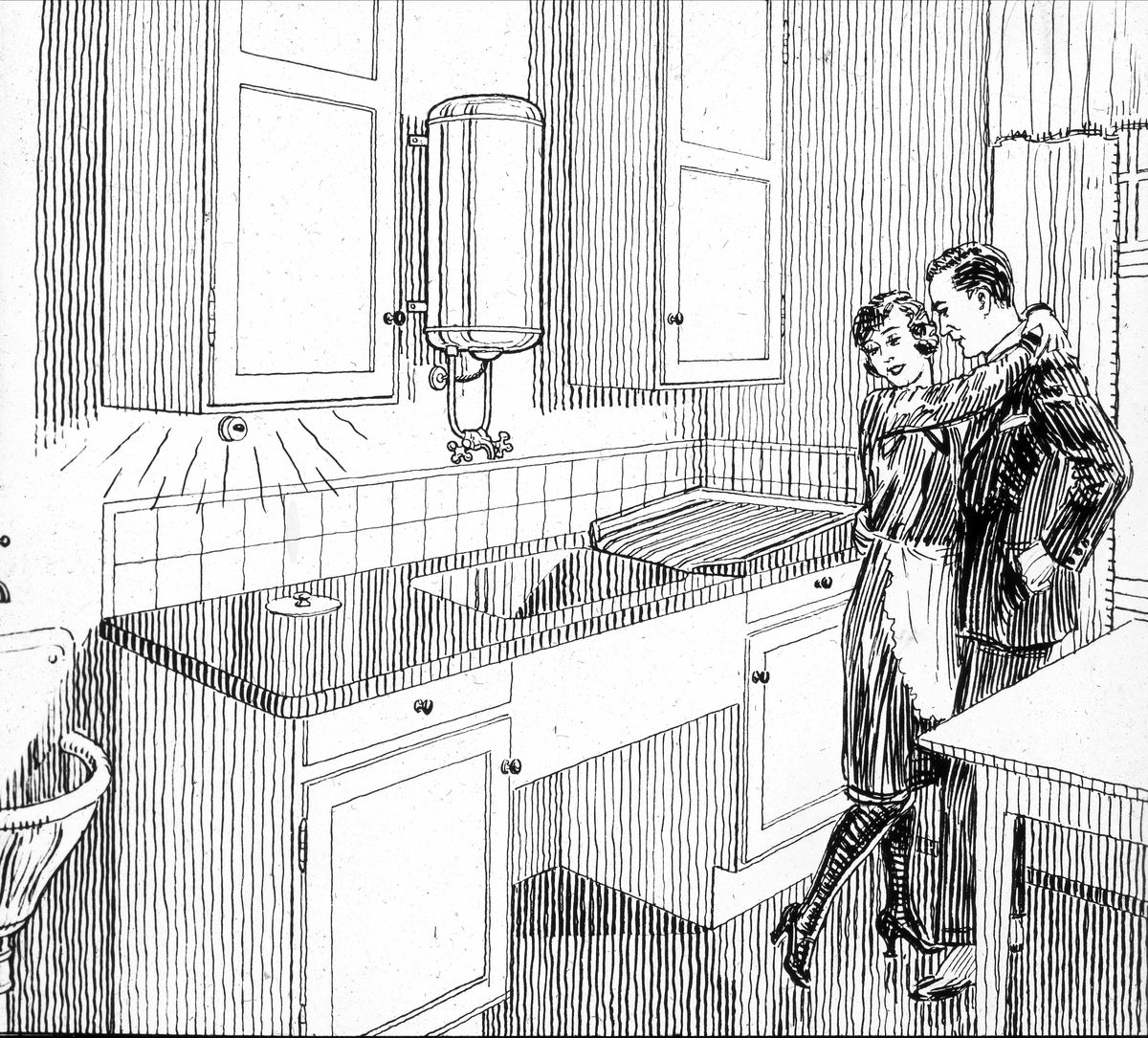 Tegning av ektepar hvor kvinnen omfavner mannen, foran ny kjøkkenbenk med elektrisk lys.