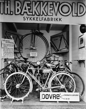 Dette er fra en utstilling på varemesse på Hamar i 1933. Det er&amp;#160;Bækkevold sykkelfabrikk i Stange som stiller ut.&amp;#160;I 1930-åra økte&amp;#160;produksjonen av sykler, komfyrer og andre bruksgjenstander voldsomt.&amp;#160;Les mer om fornyelse og vekst i&amp;#160;«de harde 30-åra» .&amp;#160;Foto: ukjent/Domkirkeoddens fotoarkiv