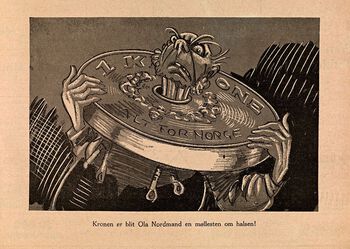 For å bote på den synkende verdien av den norske kronen etter første verdenskrig, bestemte sentralbanksjef Nicolai Rygg å føre kroneverdien tilbake til såkalt pari kurs, som innebar å styrke kronen til nivået før krigen. Dette gjorde det imidlertid vanskelig å betale gjeld og få gode lån.&amp;#160;Slik ble paripolitikken illustrert i vittighetsbladet Vikingen i 1925. Les mer om pengepolitikken i mellomkrigstiden . Foto: Nasjonalbiblioteket