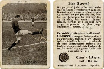 Denne typen samlekort med portrett av både nasjonale og internasjonale idrettsheltar, følgde med sigarettpakkar på 1920- og 1930-tallet. Som vi ser på baksida av kortet, vert idrettsheltane sine prestasjonar kopla saman med tobakksprodusentens streben etter å vere best. Dette kortet er frå ca. 1930. Foto: ukjend/Trondheim Byarkiv/ CC BY-SA