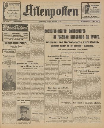 Frank Arthur Harboe Castberg, sønn av banksjefen i Christiania Bank &amp;#38; Kreditkasse, fikk britisk statsborgerskap i 1908 og tjente som løytnant i hærens Middlesex-regiment, The Duke of Cambridge’s Own . Aftenposten rapporterte om hans død etter slaget ved Neuve Chapelle i Frankrike i mars 1915. Les mer om nordmenn i første verdenskrig . Foto: Nasjonalbiblioteket, aviskontoret