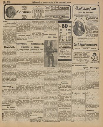 «Norsk idrætsmand faldt i Belgien»: Aftenposten rapporterte 18. november 1914 at Erwing Aigeltinger, «Et af vore bysbarn, den unge dygtige tyskfødte forretningsmand», døde i kampene ved Messines i Belgia. «Den sportslige kraft og dygtighed han erhvervede sig her oppe», skrev Aftenposten, «har han nu tilfulde faaet nyttiggjort i sit fædrelands teneste». Les mer om nordmenn i første verdenskrig . Foto: Nasjonalbiblioteket, aviskontoret