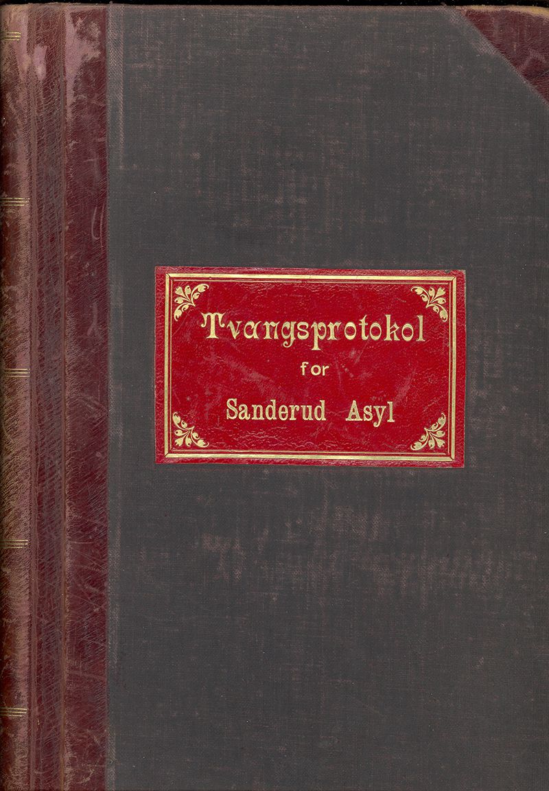 Fotografi av omslag til bok. Tekst: "Tvangsprotokol for Sanderud Asyl"