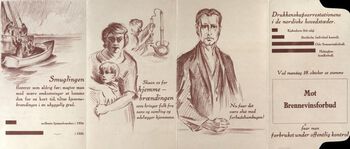 18. oktober 1926 ble det arrangert folkeavstemming om brennevinsforbudet i Norge . Det hadde siden 1916 vært forbudt å selge brennevin og innbyggerene skulle nå ta stilling til om forbudet skulle fortsette eller oppheves. Saken skapte stort engasjement. I denne brosjyren ser vi noen av argumentene til dem som var for en oppheving av forbudet. Foto: Kuben – Aust-Agder museum og arkiv