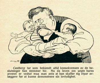 Sosialminister Johan Castberg med babyer i armene, karikert i vittighetsbladet Hvepsen i 1915. Under Castberg ble lovene som skulle sikre levekårene til barn født utenfor ekteskap, vedtatt. Les mer om de Castbergske barnelover . Avfotografering: ukjent/ CC PDM