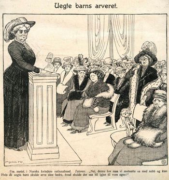 Karikatur av debatten rundt de Castbergske barnelover i vittighetsbladet Hvepsen i 1914. Lovene skulle sikre levekårene til barn født utenfor ekteskap. Les mer om lovene og debatten i forkant . Avfotografering: ukjent/ CC PDM